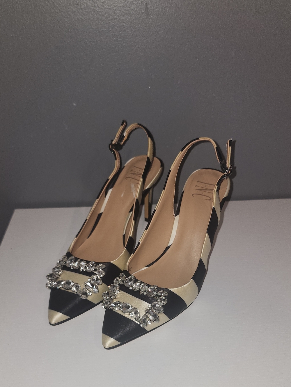 Women's Black and Gold Striped Slingback Pointed-Toe Heels with Crystal Buckle